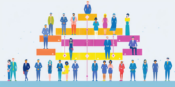 A color-coded organizational chart showing the hierarchy of a large corporation, with each executive's box a distinct color. - Powered by Adobe