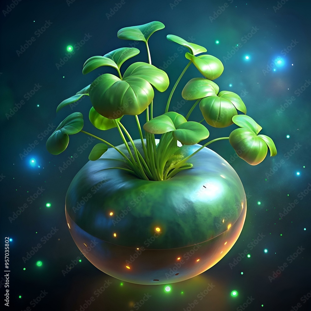 Poster a surreal and vibrant image of a four leaf clover plant sprouting from a glowing. spherical object a