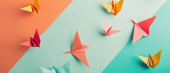 Vibrant origami butterflies scattered across a pastel-patterned surface create a lively, colorful display of creativity and paper art.