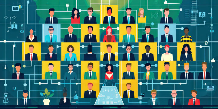 A color-coded organizational chart showing the hierarchy of a large corporation, with each executive's box a distinct color.