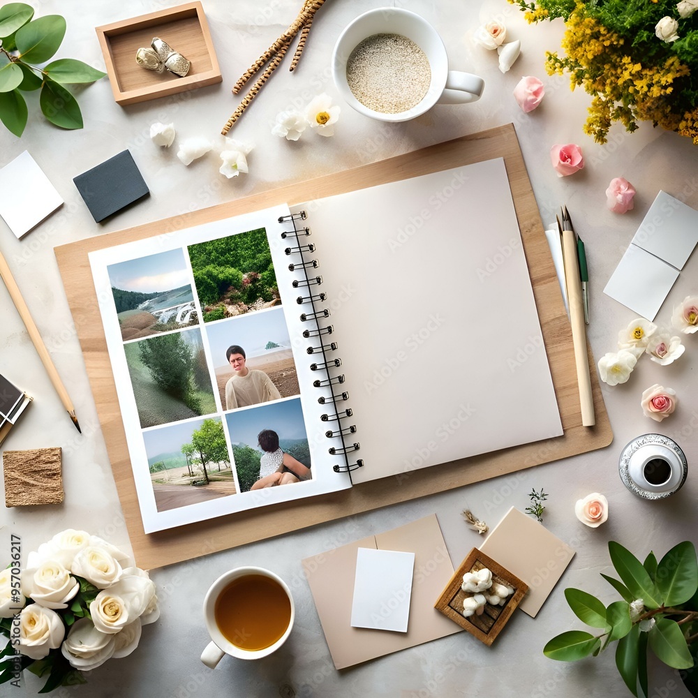 Poster a top down view of a blank open notebook surrounded by a variety of objects. including flowers. a cu