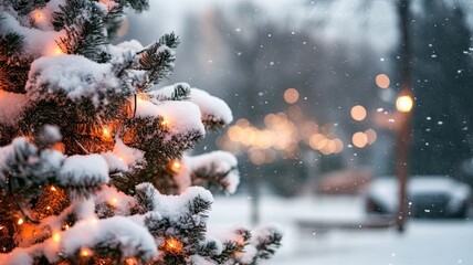 Christmas tree with snow on it and lights