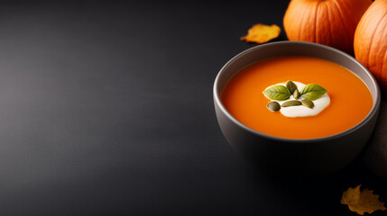 Thanksgiving pumpkin soup with swirl of cream and pumpkin seeds on dark background with copy space for text