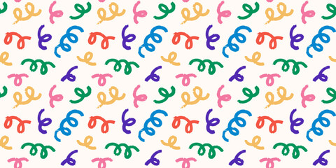 Seamless pattern with hand drawn cute colorful swirls. Doodle curved lines, vintage colors, textured brush strokes.