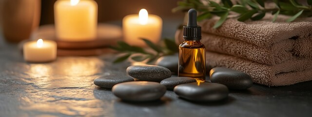 Aromatherapy setting with essential oil dropper, calming candles, and smooth stones on a dark surface for relaxation and wellness