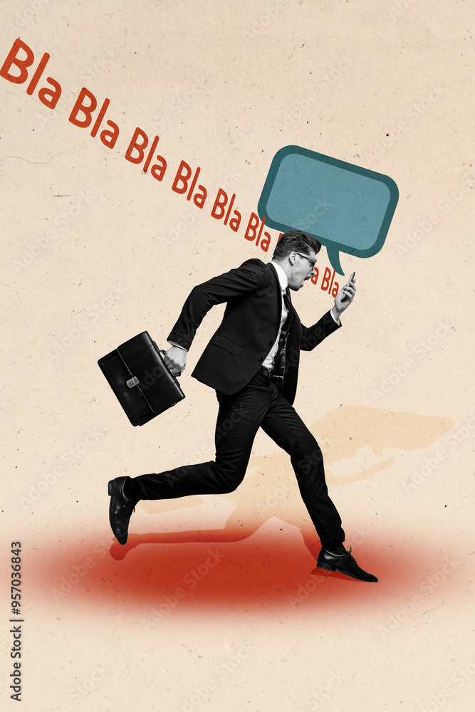 Poster poster collage banner of running worker man use cell smart gadget read message on pastel color backg