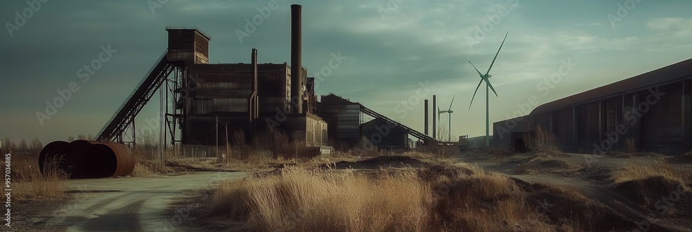 Aufkleber closed coal mines and old factories are juxtaposed with wind turbines, illustrating the shift toward