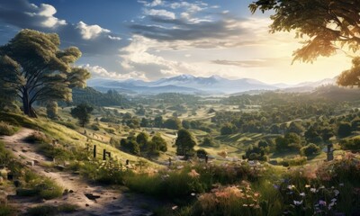 Obraz premium beautiful landscape with path leading to tree