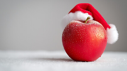 Apple in Santa hat. Red apple fruit in Santa hat, creative Christmas and New Year background. Merry Christmas concept