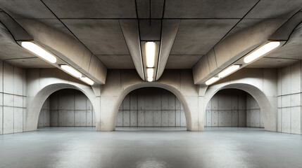 Empty industrial concrete interior with arched entrances and modern lighting fixtures. Smooth concrete floors and walls with a minimalist design.