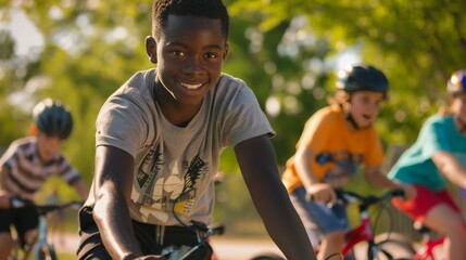 Kids learning to ride bikes with the help of community volunteers