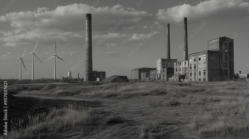 Aufkleber wind turbines stand tall next to abandoned factories, highlighting the transition from coal energy t