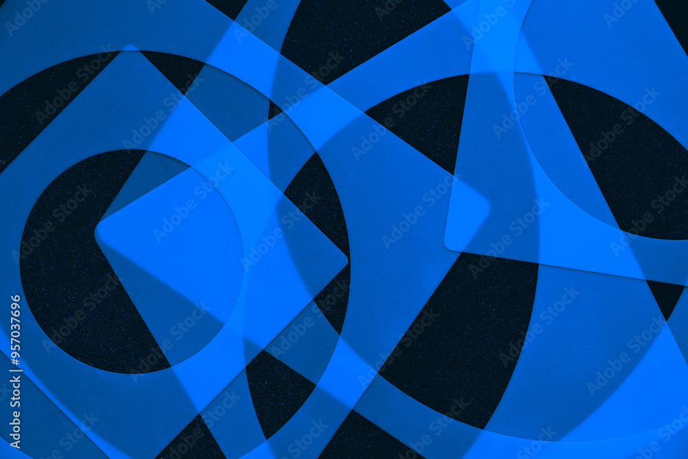Poster an abstract design of circles and squares in blue isolated on a black background