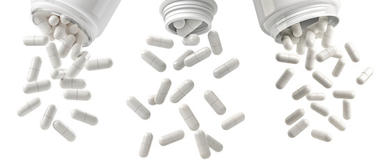 Falling pills. Medical treatment drugs falling from the top, antibiotics or aspirin tablets background. Cut out medicine pharmaceutical concept