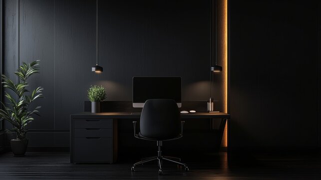 Elegant office design featuring a high-end computer on a dark desk, with warm, soft lighting.