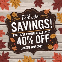 Autumn sale template with cozy rustic wood, scattered leaves, and hand-drawn lettering.