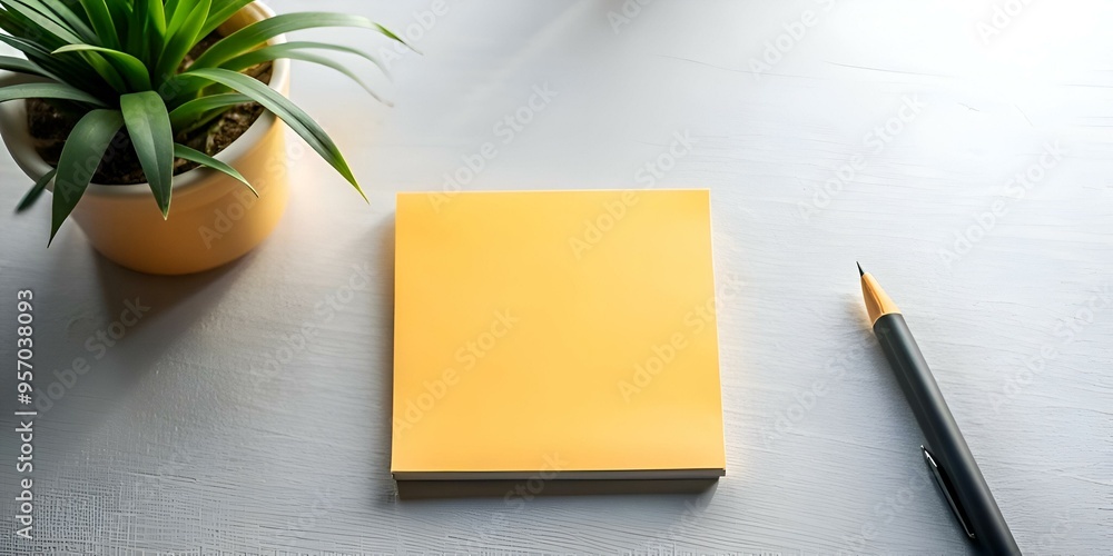 Poster blank yellow sticky note mockup with a pencil on a white desk. perfect for adding your own message o