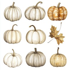 Different pumpkin illustrations in watercolor. Hand-drawn autumn illustration.