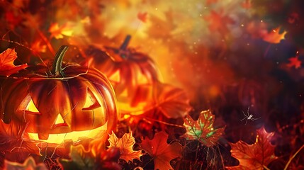 A cozy Halloween-themed background featuring glowing pumpkins and colorful autumn leaves, ideal for seasonal greetings or invitations