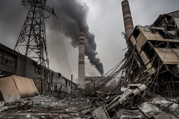Fototapeta premium Collapsed Power Plant with Smoke Rising After Destruction.