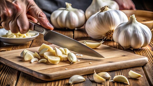 Freshly peeled garlic clove being carefully sliced into thin layers on a wooden cutting board, with a sharp chef's knife and scattered garlic pieces nearby.
