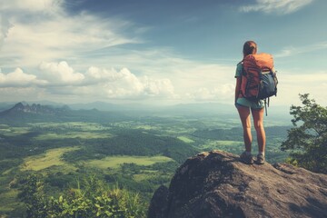 Naklejka premium Hiker Overlooking Scenic Valley