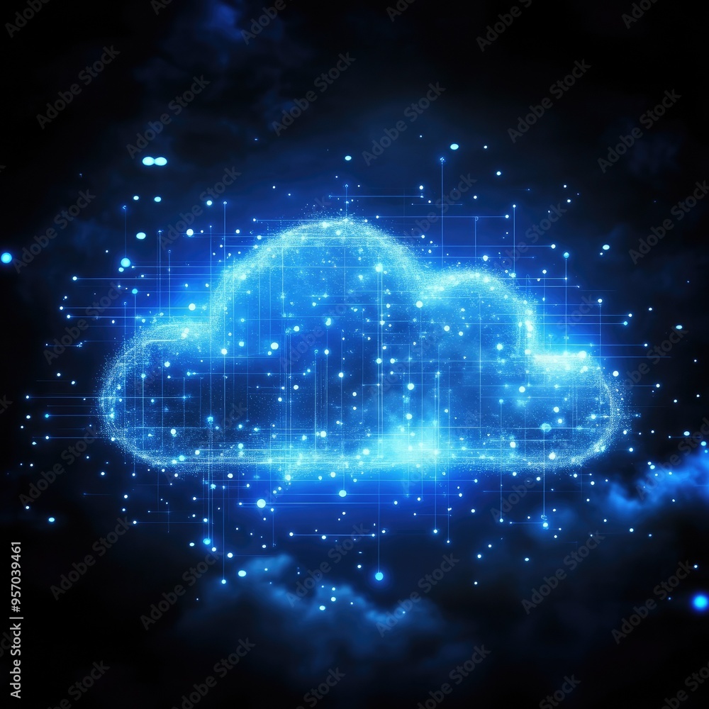 Poster a glowing blue cloud with digital sparkles, representing modern technology and the concept of cloud 