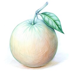 A hand drawn illustration of a fresh. whole pomelo with a single green leaf. perfect for adding a touch of natural beauty to your designs.