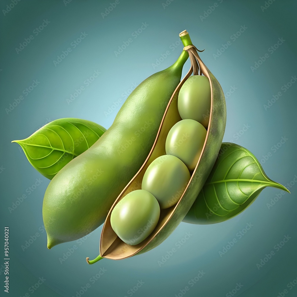 Poster a vibrant 3d illustration of a fava bean pod with four plump beans inside. perfect for adding a touc