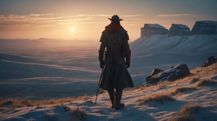 Illustration of a lonely hiker in the mountains