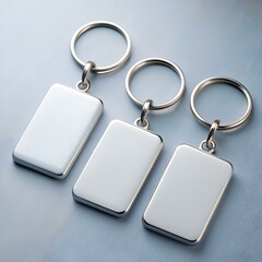 Fototapeta premium Three blank metal keychains with rectangular tags. perfect for personalization or branding.