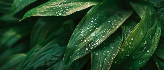 Obraz premium Vibrant green leaves covered with dew droplets, contrasting their smooth surface with the natural freshness of recent rain, delivering a scene of rejuvenation and purity.