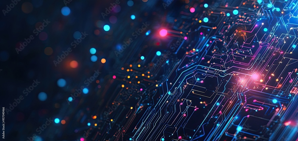 Poster vibrant circuit board design featuring colorful lights, representing advanced technology and digital