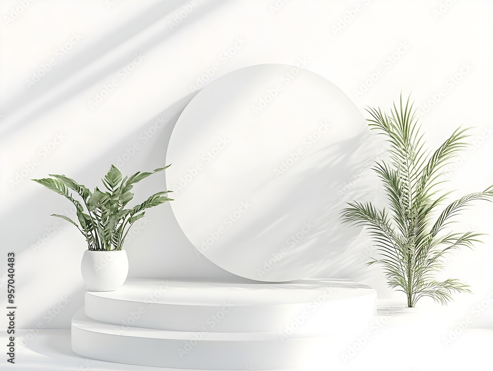 Poster minimalist 3d product display with vibrant event promotion elements on clean white background