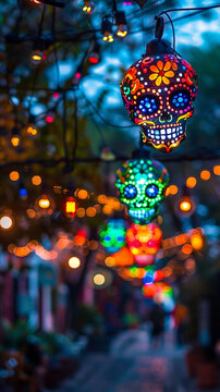 halloween decoration, colorful lanterns shaped as mexicam skulls, dia de los muertes, vertical banner for instagram story, reel or tiktok