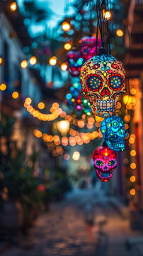 halloween decoration, colorful lanterns shaped as mexicam skulls, dia de los muertes, vertical banner for instagram story, reel or tiktok