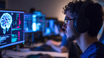 Engineers testing AI algorithms on computers.