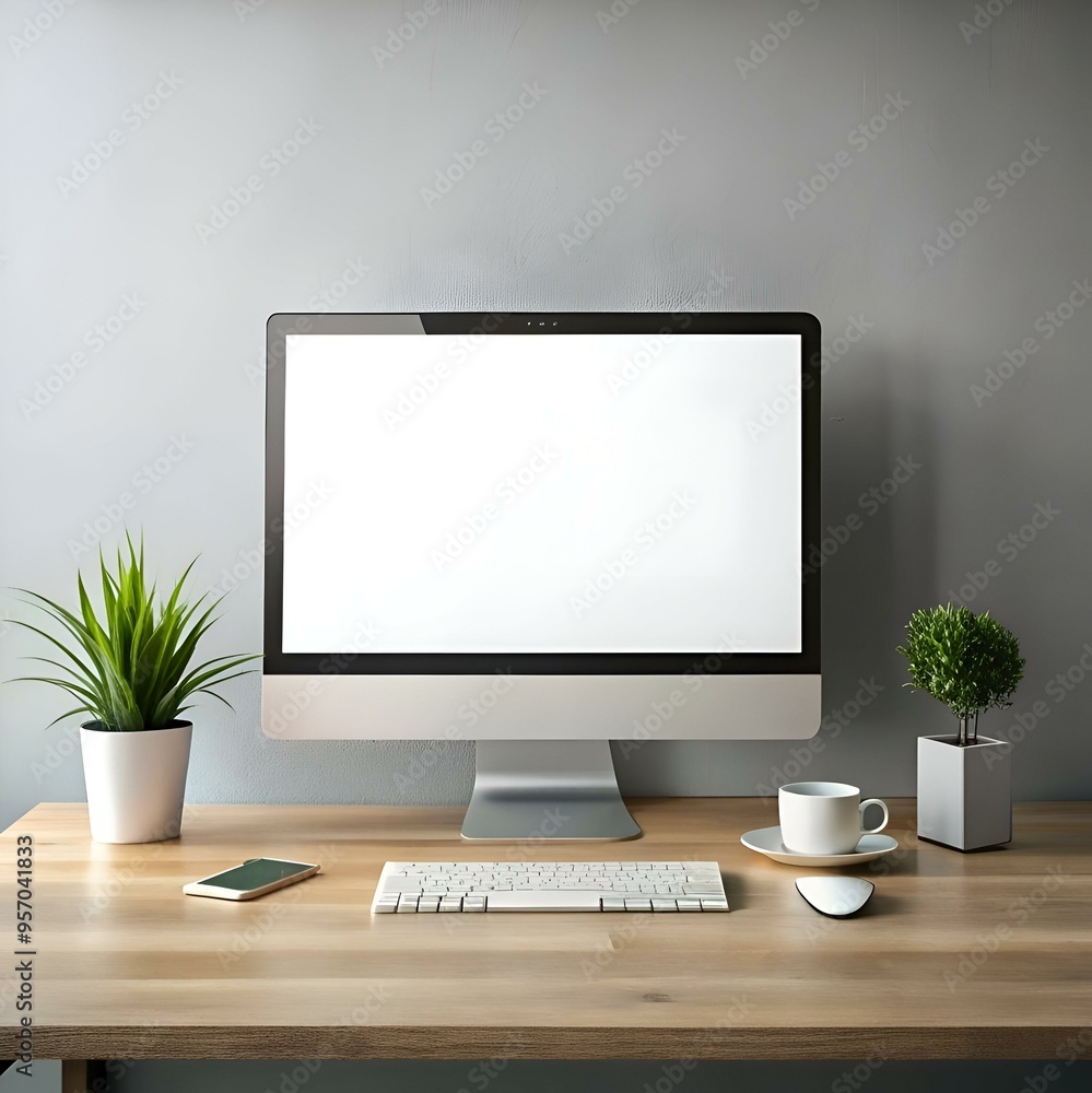 Poster clean and modern desktop mockup featuring a computer. keyboard. mouse. and phone.