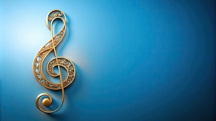 Fototapeta premium Golden treble clef symbol adorned with intricate filigree patterns and set against a soft, gradient blue background, evoking a sense of harmony and creativity.