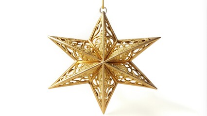 Fototapeta premium Gold metallic decorative star ornament with intricate filigree design and delicate pointed tips, suspended from a transparent thread against a soft white background.