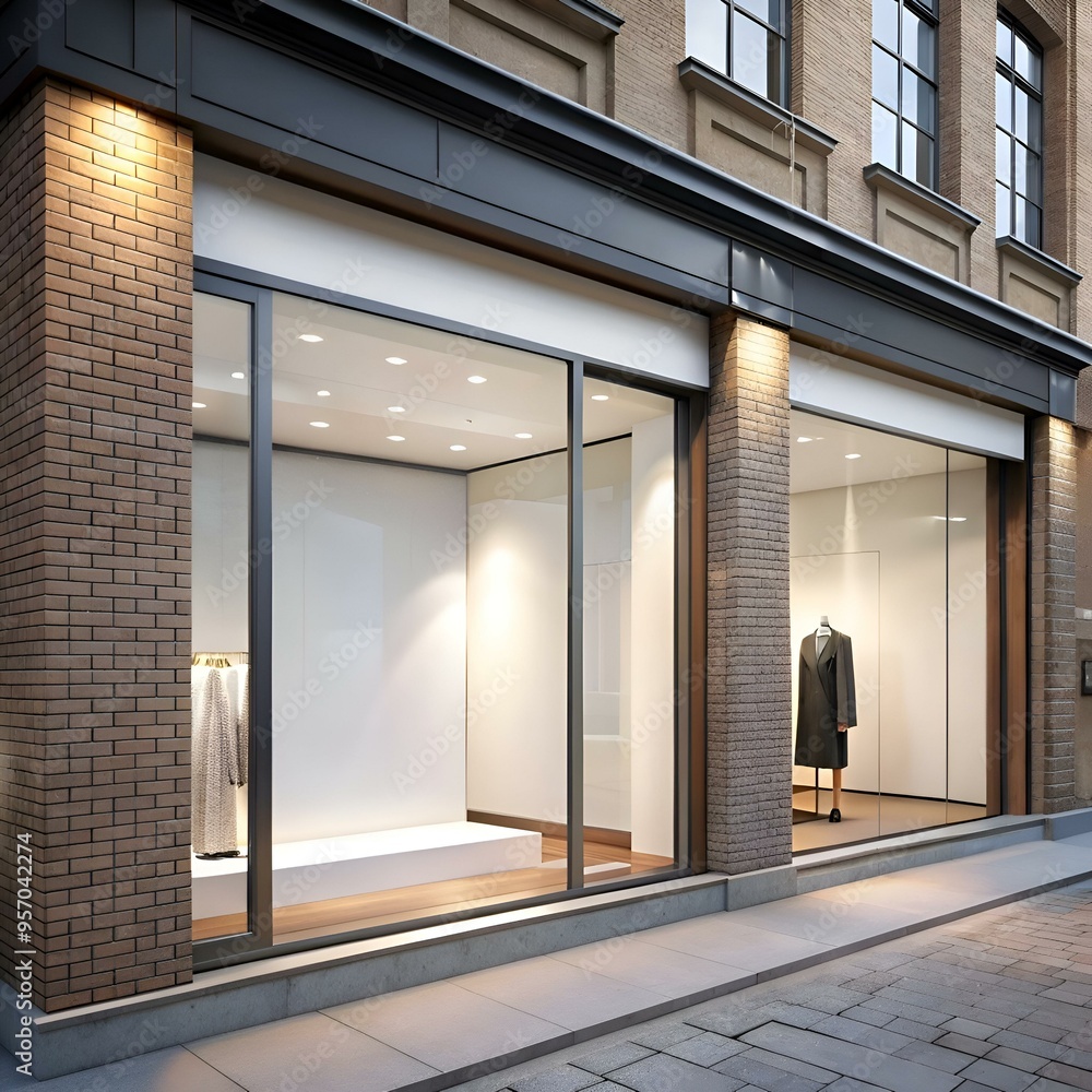 Poster a modern storefront with a sleek black awning and large windows. perfect for displaying your busines