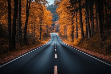 Fototapeta premium An asphalt road in an autumn forest with fallen leaves. A moody dark brown scene.
