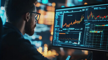 Businessman working with a financial advisor using detailed data visualization market analysis.