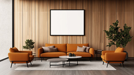 Modern living room with orange sofa and armchairs, wooden panel wall, blank frame, coffee tables, potted plants, and minimalist decor.