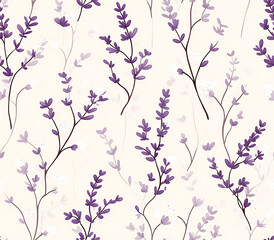 12. Simple, elegant pattern featuring lavender sprigs and small blossoms in soft purples and whites on a light cream background 