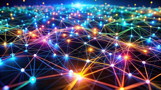 Vibrant 3D illustration of interconnected communication nodes, wires, and circuits forming a complex network, symbolizing seamless information exchange and data transmission in a digital world.