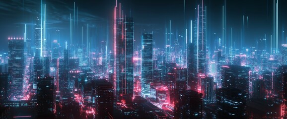 Futuristic cityscape with glowing lines and data points, representing digital innovation in urban design. Skyline view at night, with vibrant colors in a wide-angle shot.