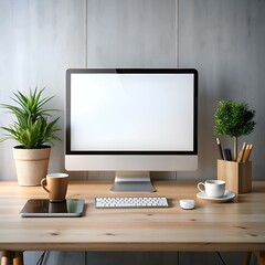 Clean and modern desktop mockup featuring a blank computer screen. keyboard. and mouse on a wooden desk.