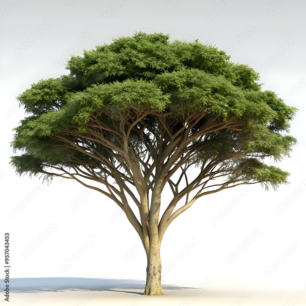 Poster a solitary. majestic tree with a broad canopy and intricately branching structure.