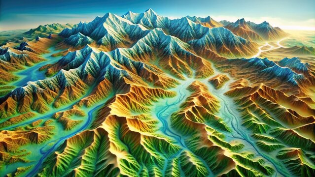Vibrant 3D topographic map of a rugged mountain range, with valleys, peaks, and contours revealed in shades of blue, green, and sandy beige.
